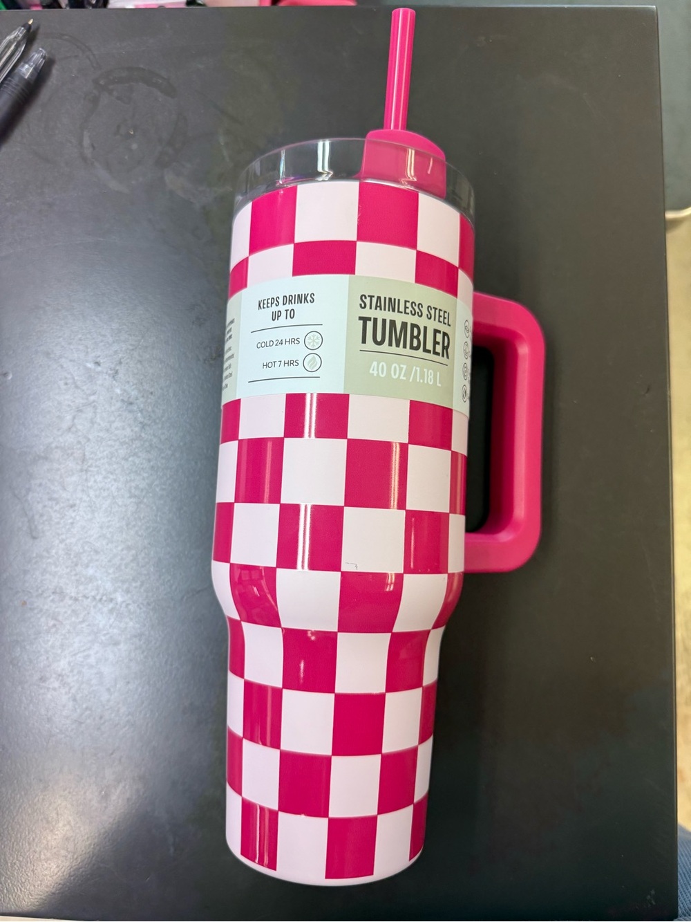 Pink Checkered Stainless Steel Tumbler with Handle - 40 oz